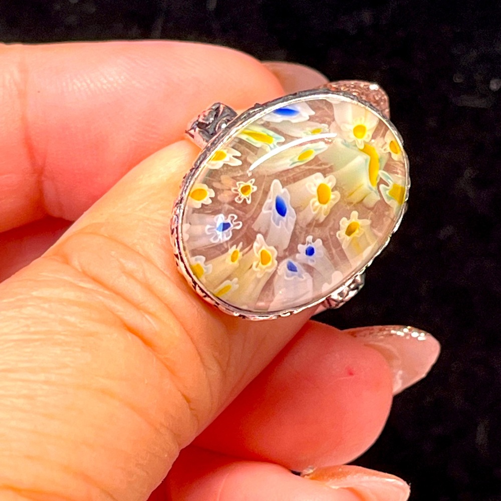 Sterling dichroic/millefiori look-glass ring -NEW-stamped -ethnic/artisan